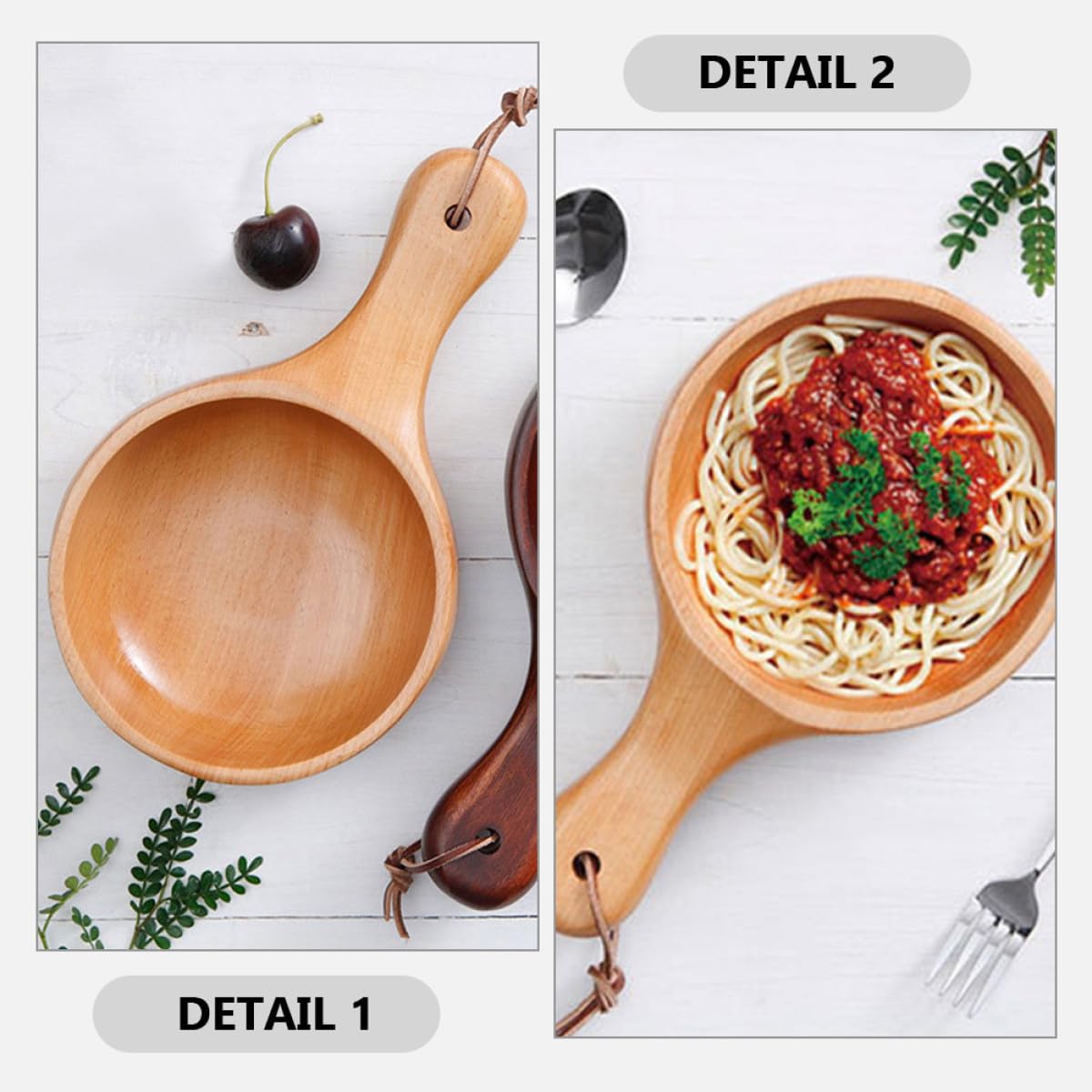 Alasum Wooden Salad Bowl with Handle Scoop Shaped Pickle Soup Serving Bowl Natural Wood for Kitchen and Dining