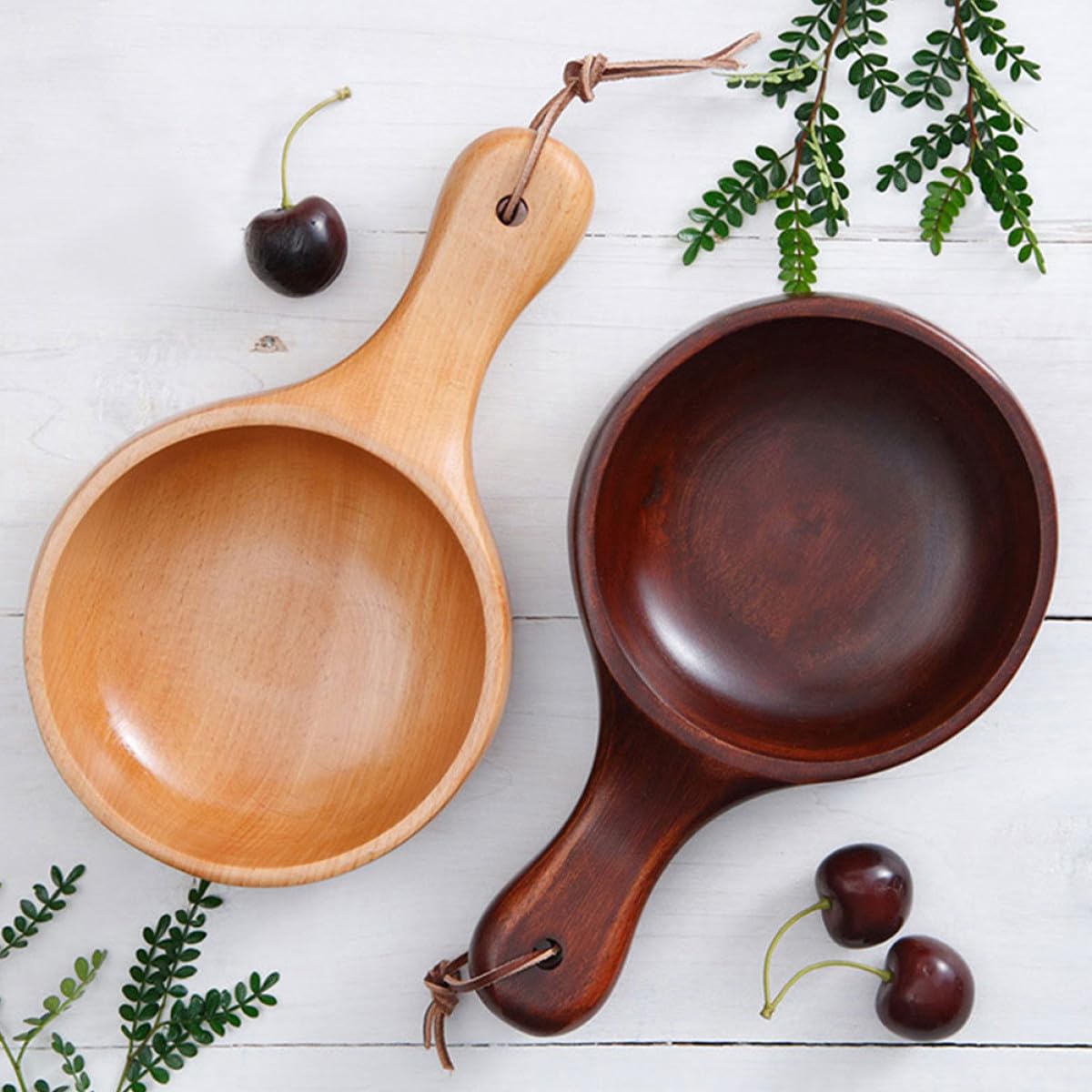 Alasum Wooden Salad Bowl with Handle Scoop Shaped Pickle Soup Serving Bowl Natural Wood for Kitchen and Dining
