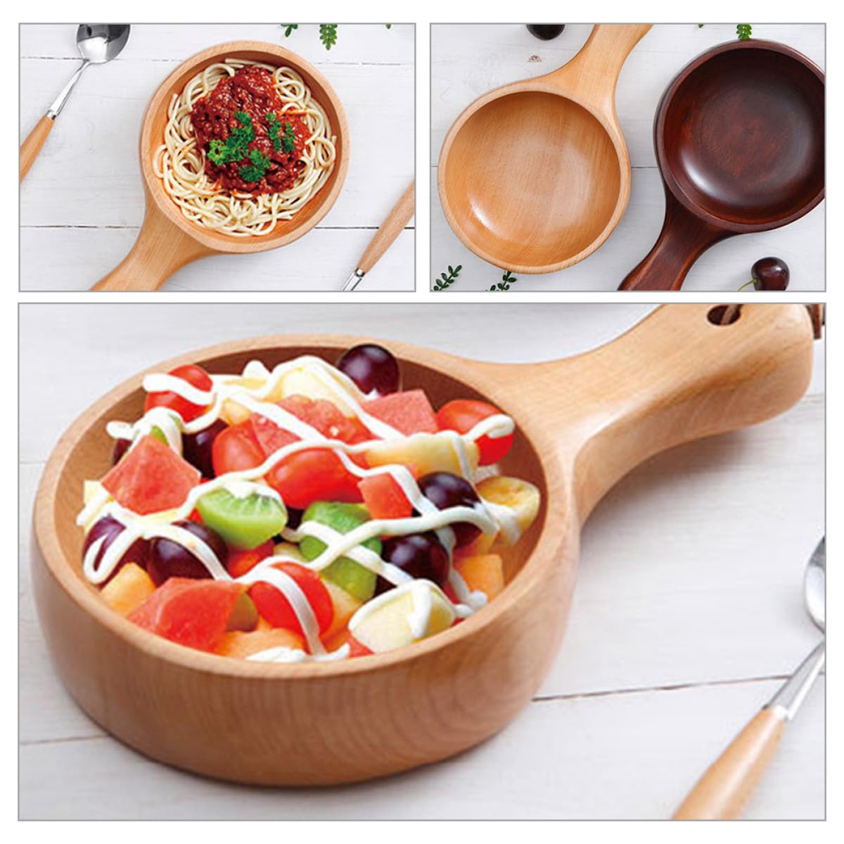 Alasum Wooden Salad Bowl with Handle Scoop Shaped Pickle Soup Serving Bowl Natural Wood for Kitchen and Dining