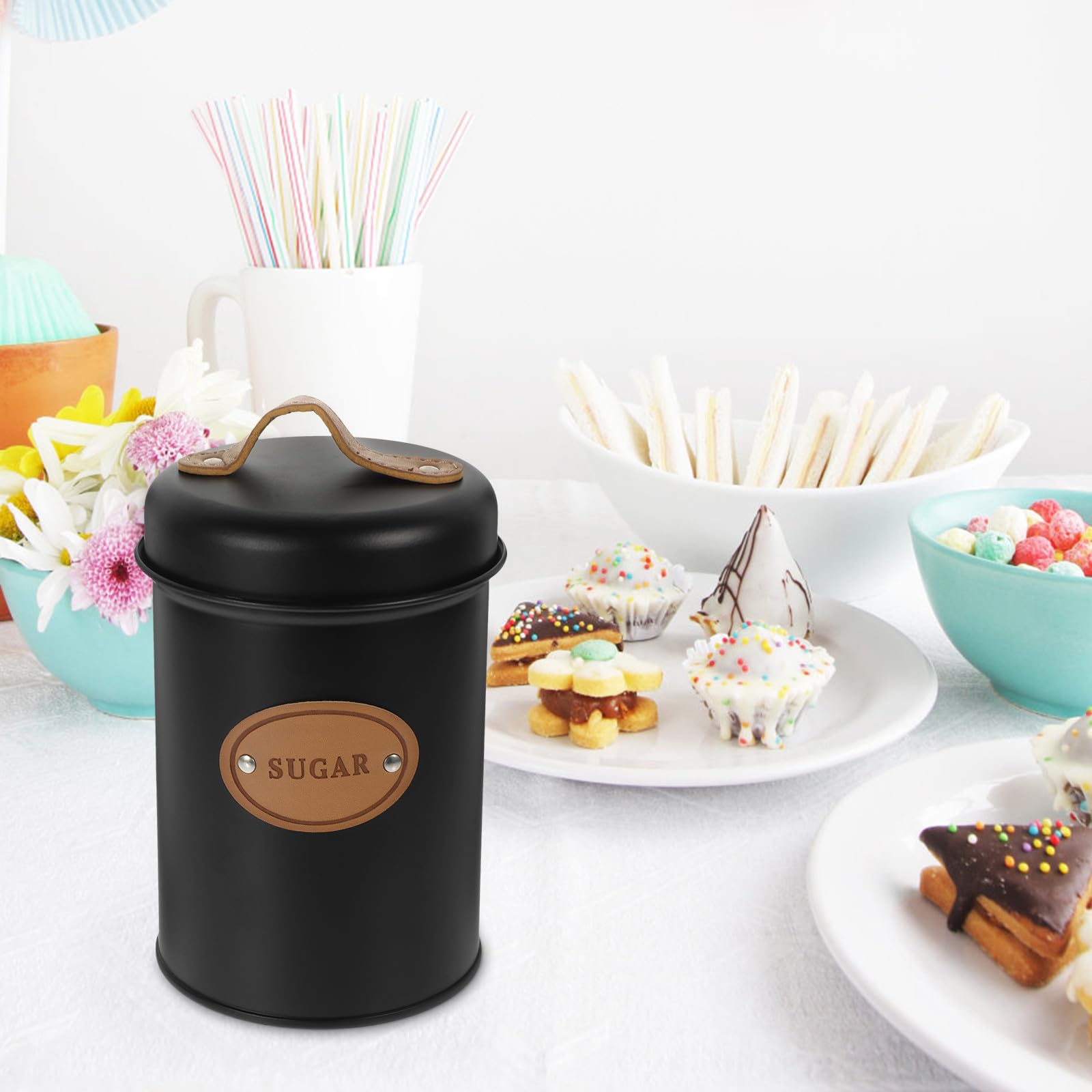 FRCOLOR Metal Sugar Storage Jar with Lid, Handheld Candy and Tea Canister, Nordic Style Airtight Food Container for Kitchen and Dining –, Black