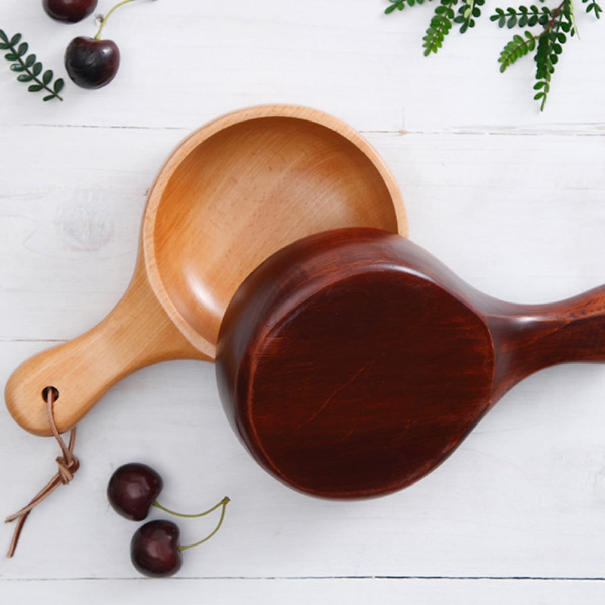 Alasum Wooden Salad Bowl with Handle Scoop Shaped Pickle Soup Serving Bowl Natural Wood for Kitchen and Dining