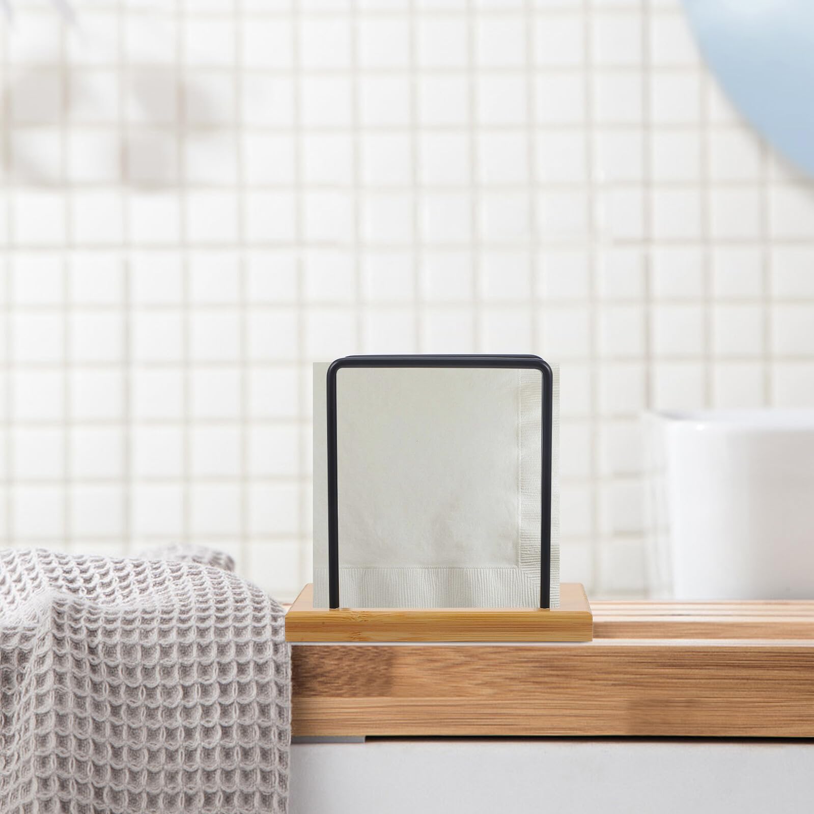 MOBUTOFU Iron Napkin Holder Stand with Base, Rustic Farmhouse Dining Table Napkin Dispenser for Kitchen and Tabletop Paper Tissue Storage