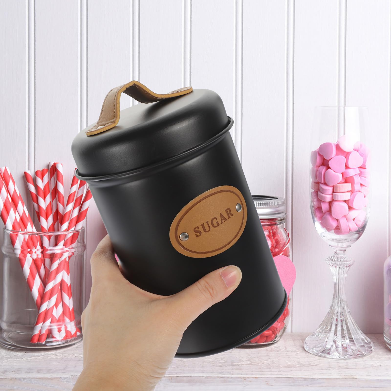 FRCOLOR Metal Sugar Storage Jar with Lid, Handheld Candy and Tea Canister, Nordic Style Airtight Food Container for Kitchen and Dining –, Black