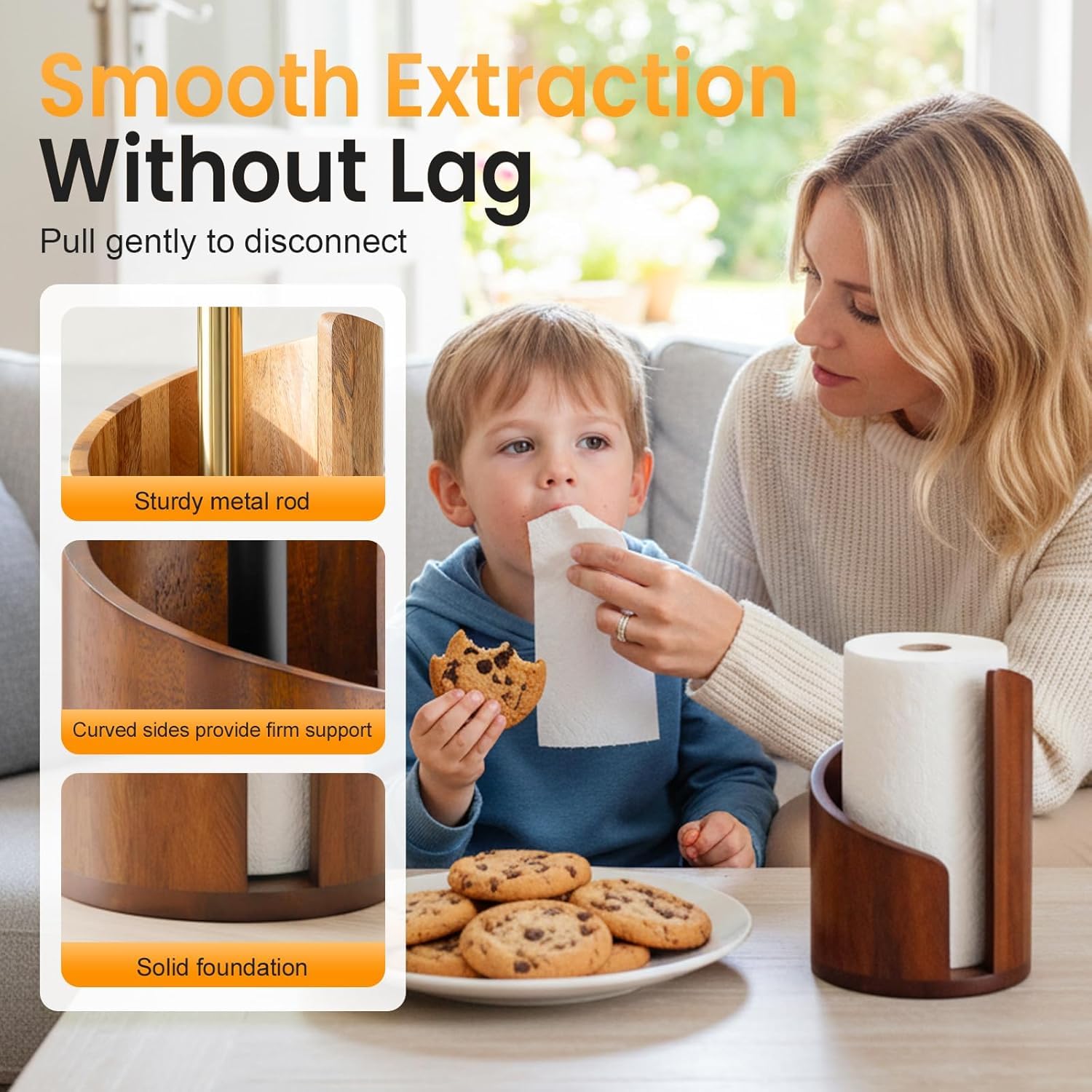 2026 New Mountain Paper Towel Holder Countertop,Natural Mango Wood Round Base and Iron Holder, Wooden Paper Towel Holder for Kitchen Roll Organize Dining Table Home Decor-7-14 Days delivery (Wood-1)