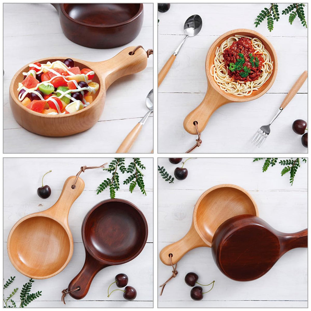 Alasum Wooden Salad Bowl with Handle Scoop Shaped Pickle Soup Serving Bowl Natural Wood for Kitchen and Dining